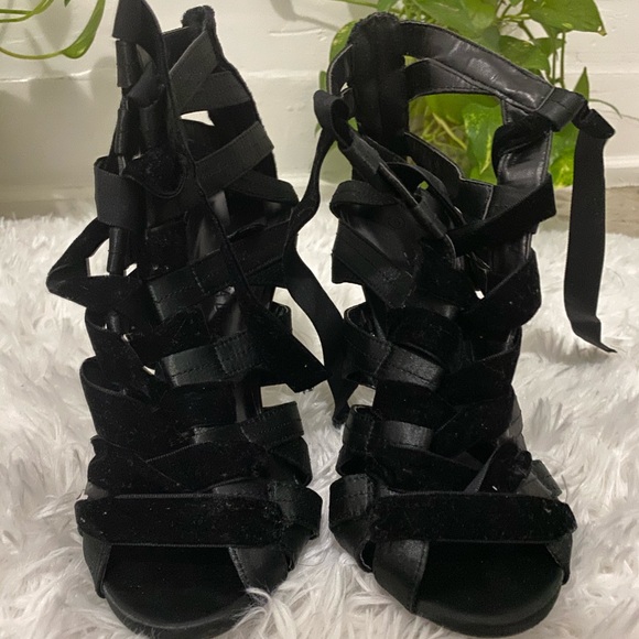 Shoes - Velvet Lace Up Black Heels